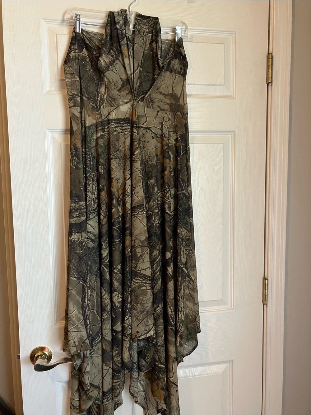 Norma Kamali Olive and Tan Camo Handkerchief Hem Dress